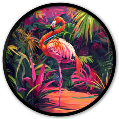 Poster in lijst Rond - Fotolijst 40x40 cm - Posters - Flamingo - Tropisch - Dier - Bladeren - Ronde posterlijst zwart - Decoratie - Wanddecoratie woonkamer - Muurdecoratie slaapkamer