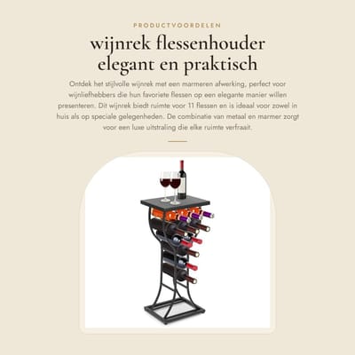 Dailygoods- Wijnrek met Marmeren Oppervlak - Wijnfleshouder voor 11 Flessen - Zwart Metalen Frame - Duurzaam en Stevig - Perfect voor Kelder en Bar - Wijnhouder