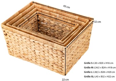 Set van 4 waterhyacint opbergmanden, rechthoekig, natuurlijke kleuren, rieten manden in S/M/L/XL, stapelbaar voor badkamer, kantoor & woonkamer