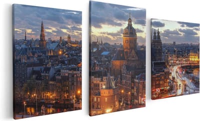 Artaza Canvas Schilderij Drieluik Amsterdam Centrum Luchtfoto Zonsondergang - 120x60 - Foto Op Canvas - Canvas Print