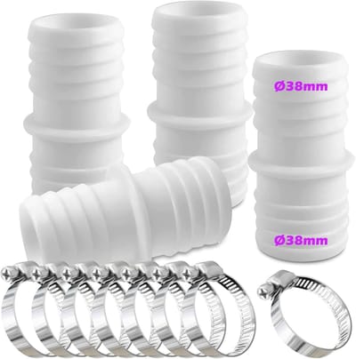 4-delige set 38mm slangverbinders met 8 slangklemmen - zwembadslangaansluiting - slangadapter - dubbele slangkoppeling (wit)