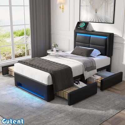 Gutent Eenpersoonsbed-90x200 cm-Rechargeable-LED-Verlichting-Vier lades-Geen matras-PU-Zwart