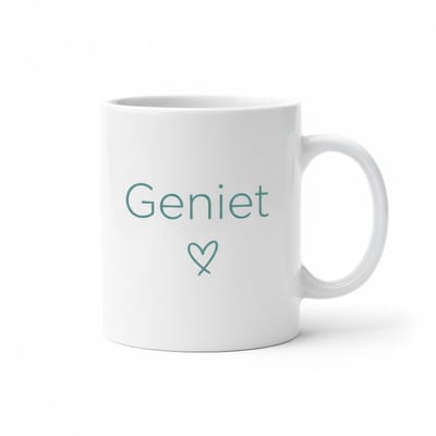 Minimalistische Inspirerende Koffiemok “Geniet” – Eenvoudig Typografie Hart Design – 330 ml Keramische Mok