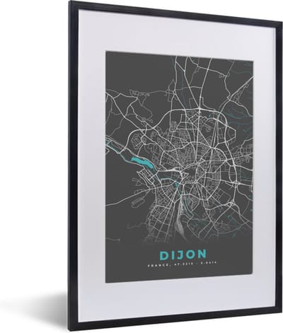Fotolijst incl. Poster - Dijon - Frankrijk - Kaart - Stadskaart - Plattegrond - 30x40 cm - Posterlijst