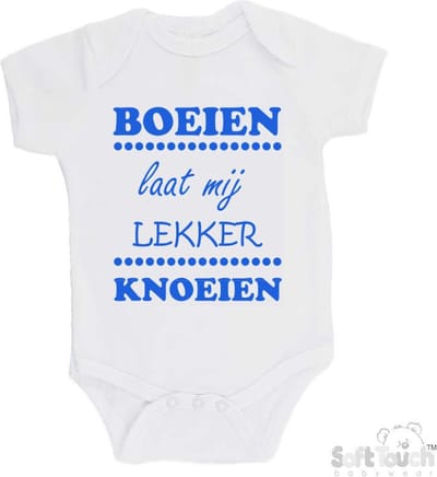 100% katoenen Romper "Boeien laat mij lekker knoeien" Jongens Katoen Wit/blauw Maat 62/68