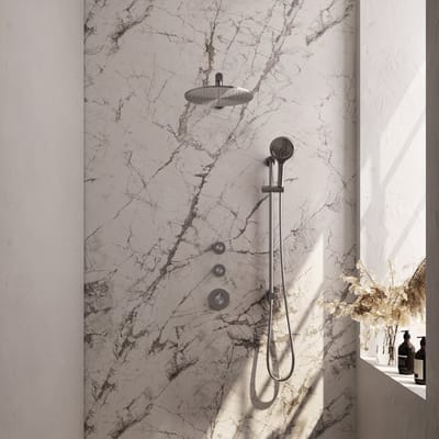 Brauer Brushed Carving thermostatische inbouw regendouche SET 20 met 30 cm douchekop en rechte muurarm en 3-standen handdouche en doucheslang en geïntegreerde glijstang RVS geborsteld PVD