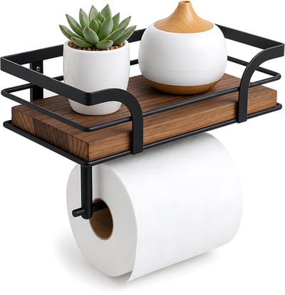 Toiletrolhouder met Houten Plankje - WC-Rolhouder van Hout en Metaal - Toiletpapierhouder met Telefoonhouder en Opbergruimte - Voor Toilet en Badkamer - Wandmontage - Matzwart en Houtkleur