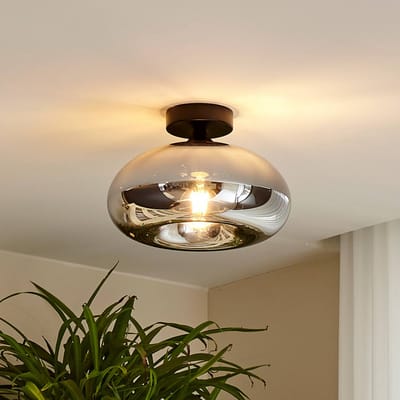 Lindby - plafondlamp - 1licht - Metaal, glas - H: 19 cm - E27 - zwart, rookgrijs