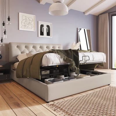 Gestoffeerd Bed - Tweepersoonsbed - Opbergen Slaapkamer - Verstelbaar Hoofdeinde - 140 x 200 cm - Naturel