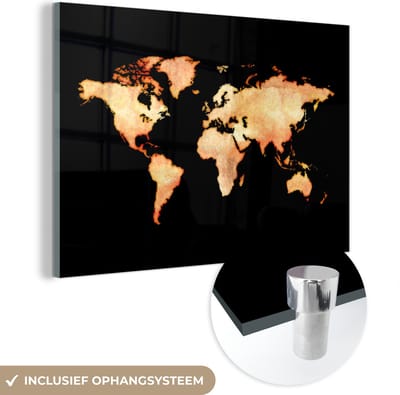 ® Glasschilderij 120x80 cm - Schilderij acrylglas - Wereldkaart - Waterverf - Zwart - Foto op glas - Muurdecoratie woonkamer - Wanddecoratie slaapkamer - Schilderijen