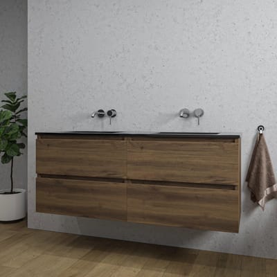 Saniclass Chaci Badkamermeubelset - 140x46x55cm - keramische wastafel zwart - 2 wasbakken - zonder kraangaten - 4 lades - gemêleerd noten (hout)