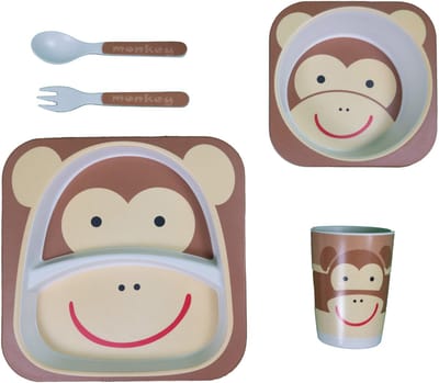 Honeybears – Bamboe kinderservies set 5 delig – Kinderbord – Magnetron bestendig - Eetset – Baby drinkbeker - BPA vrij – Aap
