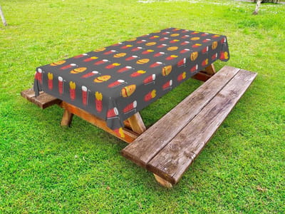 ABAKUHAUS Snackbar Buitentafelkleed, Smile Fastfood, Decoratief wasbaar picknicktafelkleed, 145 x 305 cm, Veelkleurig grijs