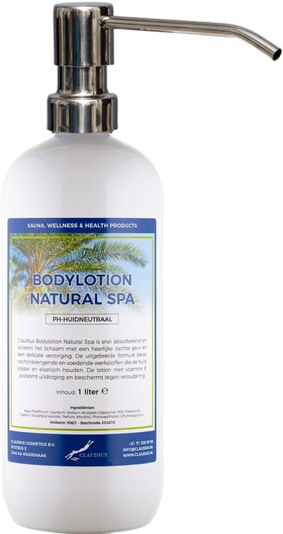Bodylotion Natural Spa 1 Liter met luxe RVS zilverkleurige pomp - stijlvolle en duurzame uitstraling