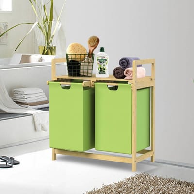 ML-Design | Wasmand met 2 vakken, 73x63x33 cm, van bamboe, groen, wasmand 2x30 l, wassorteerder met opbergruimte, wasbox voor badkamer/wasruimte