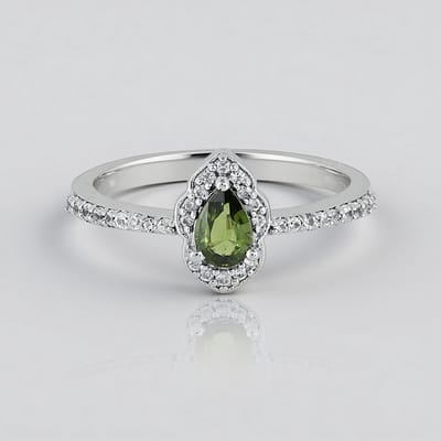 Cavill - Zilveren ring 925 Sterling - Groene Ceylon zirkoon 0,45 ct met Cambodjaanse zirkonen - Peervormig geslepen, platina coating, elegant