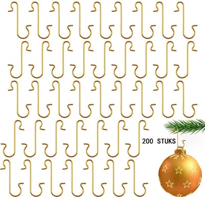 200-stuks S-vormige kersthaken - Kerstboomhaken - Decoratieve haken - S-vormige haken - Draadhaken - 1,2*3cm - Geschikt voor kerstballen binnenshuis, kerstboomversieringen en nieuwjaarsfeestversieringen - Goud