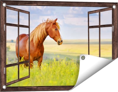 Gards Tuinposter Doorkijk Bruin Paard in de Wei - 60x40 cm - Tuindoek - Tuindecoratie - Wanddecoratie buiten - Tuinschilderij