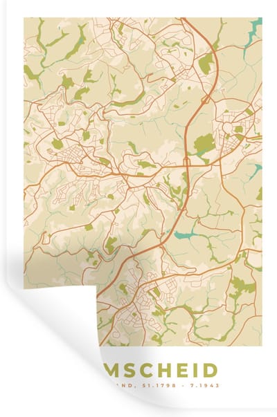 Muurstickers - Sticker Folie - Stadskaart - Remscheid - vintage - Kaart - Plattegrond - 20x30 cm - Plakfolie - Muurstickers Kinderkamer - Zelfklevend Behang - Zelfklevend behangpapier - Stickerfolie