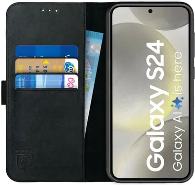 Rosso Deluxe Echt Leer Book Case Hoesje Geschikt voor Samsung Galaxy S24 | Ruimte voor drie pasjes | Portemonnee Book Case | Met Pasjeshouder | Zwart