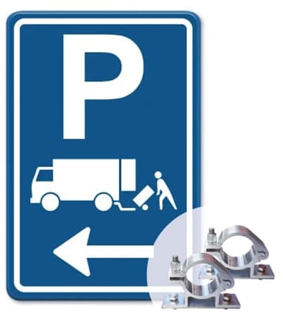Parkeerbord Laden en Lossen Pijl links - blauw - Weerbestendig Aluminium - 40x60 cm - Bevestiging: Met paalbeugels Ø48mm