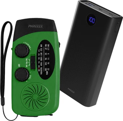 Noodpakket Draagbare Noodradio Solar Opwindbaar incl. 30.000 mAh Powerbank - FM/AM/SW Wereldontvanger met Handslinger, LED Zaklamp & SOS - Stroomuitval