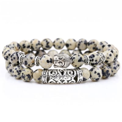 Bixorp Gems 2 Boeddha Armbanden van Dalmatiër Jaspis - Natuursteen Kralenarmband met Stainless Steel / Roestvrij Staal