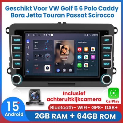 Awesafe Autoradio - Android 15.0 Systeem - Geschikt Voor VW Volkswagen Golf 5 6 Polo Caddy Bora Jetta Touran Passat Scirocco - Draadloos CarPlay & Android Auto - 2 + 64GB - 7 inch touchscreen - Mit achteruitrijcamera - GPS Navigatie - Bluetooth WIFI