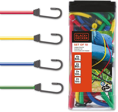 BLACK+DECKER Spanelastiek Set 10 Stuks - Spanbanden voor Bagage Auto - Elastisch Koord en Bagagebinder - Snelbinders met Haak - 60/80/100/150 cm