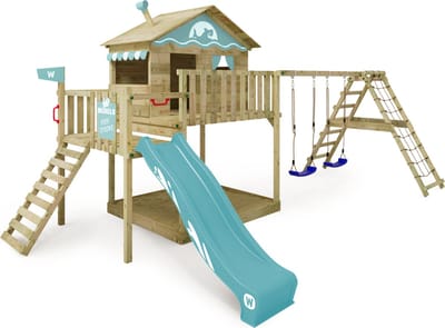Wickey Smart Ocean Speeltoestel - Dubbele schommel met Glijbaan en Speelhuisje - Klimnet & Winkel - 630x389x305 cm - Pastelblauw