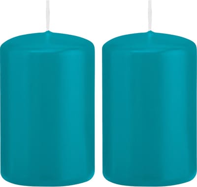 Trend Candles Cilinderkaars/stompkaars - 2x - turquoise - 5 x 8 cm - 18 branduren - met brandvertragende folie