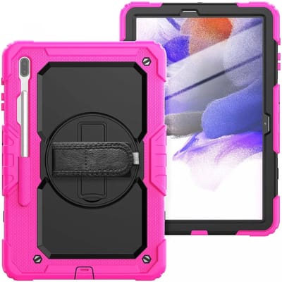 Hoes met ingebouwde Screenprotector Geschikt voor Samsung Galaxy Tab S8 Plus / S7 Plus / S7 FE | Inclusief Handriem en Schouderriem | Extreme bescherming | Ideaal voor zakelijk gebruik | Roze