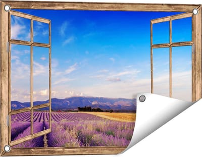 Gards Tuinposter Doorkijk Raam met Lavendel Veld - 60x40 cm - Tuindoek - Tuindecoratie - Wanddecoratie buiten - Tuinschilderij