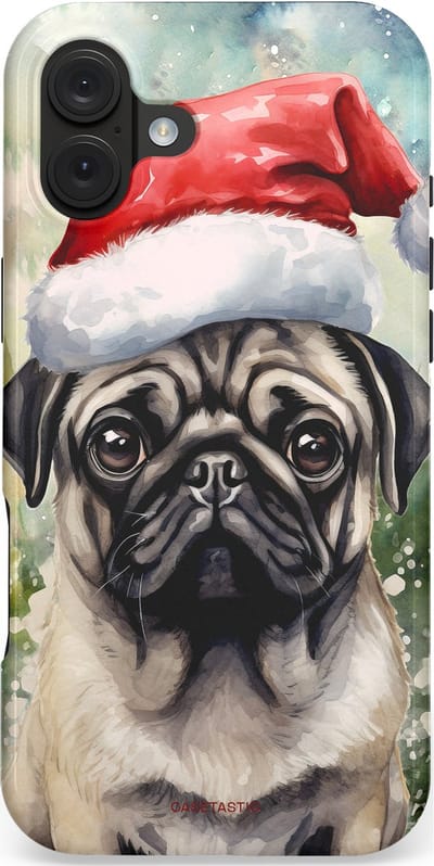 Casetastic hoesje geschikt voor Apple iPhone 16 Plus - MagSafe - Dubbellaagse bescherming - Aquarel Kerstmis Pug Hond - Fashion Case - Grijs Taupe Donkergrijs Saliegroen