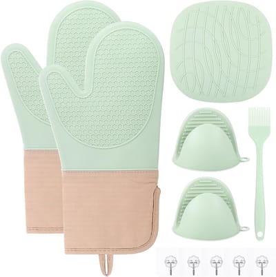 Famanu – Groene siliconen ovenhandschoenen set - duurzame siliconen ovenwanten hittebestendig - pannenlappen & ovenhandschoenen dubbel hittebestendig voor kookkeuken accessoires