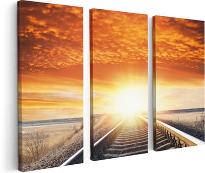 Artaza Canvas Schilderij Drieluik Rails Spoorweg Bij Zonsondergang - 120x80 - Foto Op Canvas - Canvas Print