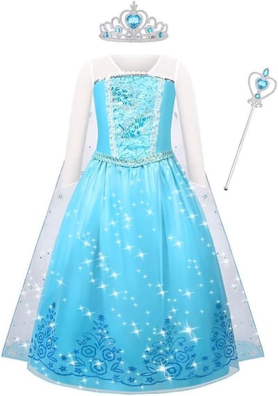 Elsa Kostuum voor Meisjes met Toverstaf en Tiara, Luxe Glanzende Sneeuwkoningin Outfit voor Verjaardag, Halloween, Cosplay en Feestjes