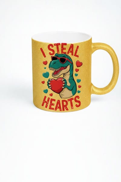 Gouden Glitter Mok T-Rex "I Steal Hearts" - Valentijn Dinosaurus Cadeau
