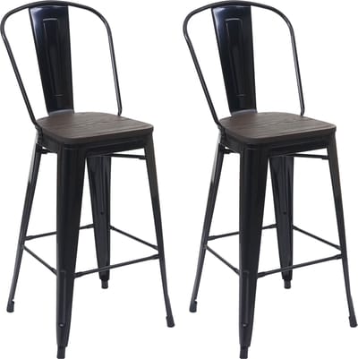 Set van 2 barkrukken MCW-A73 incl. houten zitting, barkruk met rugleuning, metalen industrieel ontwerp ~ zwart