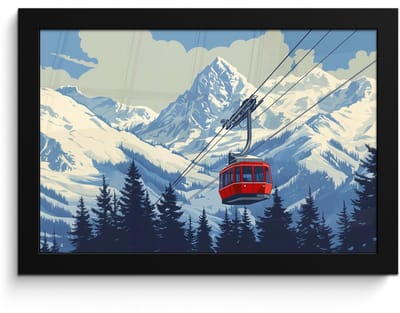 Poster in lijst - Fotolijst 30x20 cm - Posters - Kabelbaan - Sneeuw - Berglandschap - Posterlijst zwart - Decoratie - Wanddecoratie woonkamer - Muurdecoratie slaapkamer