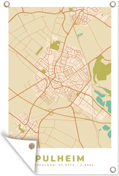 Muurdecoratie Plattegrond - Pulheim - Stadskaart - Vintage - Kaart - 120x180 cm - Tuinposter - Tuindoek