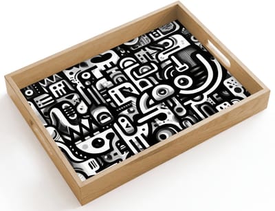 Dienblad hout 40x30 cm - Schootdienblad - Symbolen - Abstract - Grafisch - Zwart - Borrelplank rechthoek - Plateau dienbladen