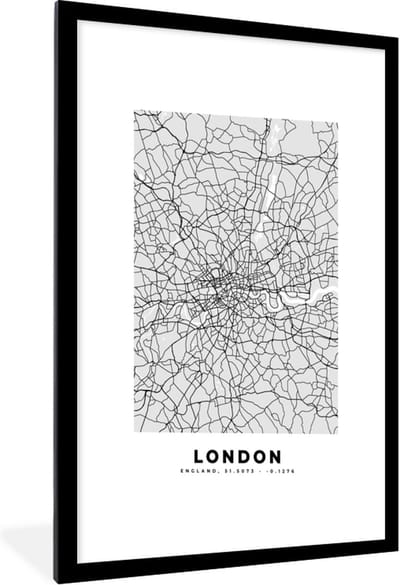 Fotolijst incl. Poster Zwart Wit- Londen - Stadskaart - Plattegrond - Zwart Wit - Kaart - 60x90 cm - Posterlijst