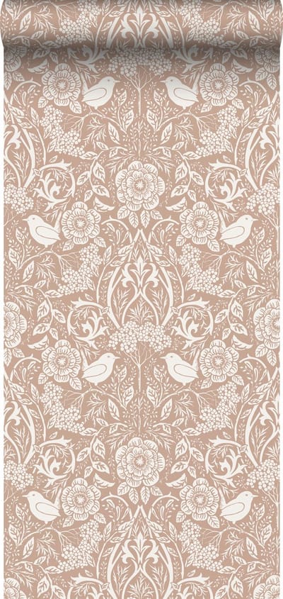 ESTAhome behang bloemen en vogels in art nouveau stijl nude kleur en wit - 53 cm x 10.05 m - 139324