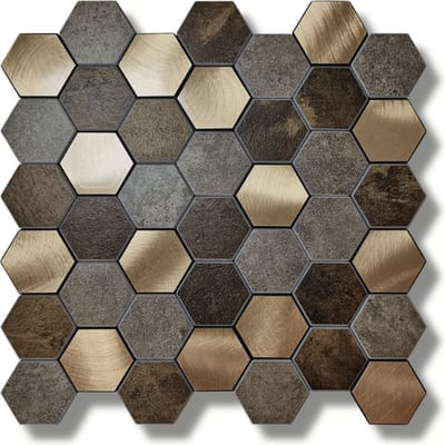 123plaktegels - wandpanelen mozaïek tegels zelfklevende tegels tegelstickers keuken badkamer - PVC - aluminium - zelfklevend - 30.5 x 30.5 cm - mozaïek plaktegel bruin goud hexagon