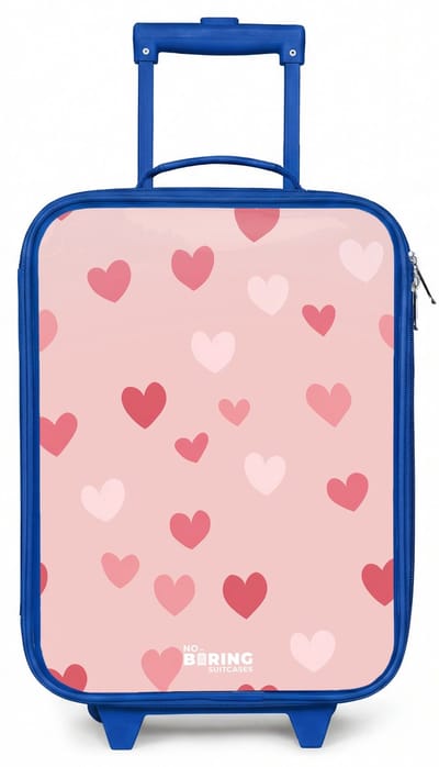 NoBoringSuitcases.com® - Kinderkoffer blauw - Kindertrolley jongen - Hartjes - Koffer kind lichtgewicht - Reiskoffer trolley voor kinderen - Koffertje met lichtgevende wieltjes - Rolkoffer