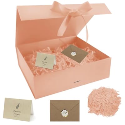 Opvouwbare magnetische geschenkdoos met deksel - 30 x 24 x 10 cm, roze-oranje, herbruikbaar en inclusief wenskaart