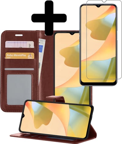 Hoesje - Met Screenprotector - Geschikt voor OPPO A16 - Luxe Pasjeshouder - Bookcase Portemonee - Flip Case - Kunstleer Book Case - Flipcase - Book Cover - Walletcase - Portemonneehoes - Telefoonhoesjes - Bruin