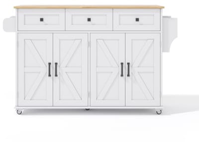 Keukeneiland Met Klapbaar Werkblad 140x43(70)x90.5cm Vijf Vergrendelbare Wielen Vier Deuren Drie Lades Deurreling Dubbelzijdige Handdoekhouders Schuurstijl Design Wit Geschikt Voor Keuken Eetkamer Of Woonkamer