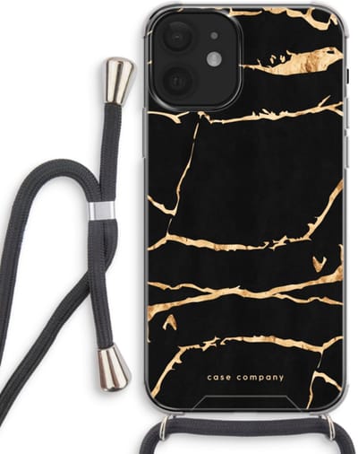 Case Company® - Hoesje met koord geschikt voor iPhone 12 mini hoesje met Koord - Gouden marmer - Telefoonhoesje met Zwart Koord - Bescherming aan alle Kanten en Over de Schermrand
